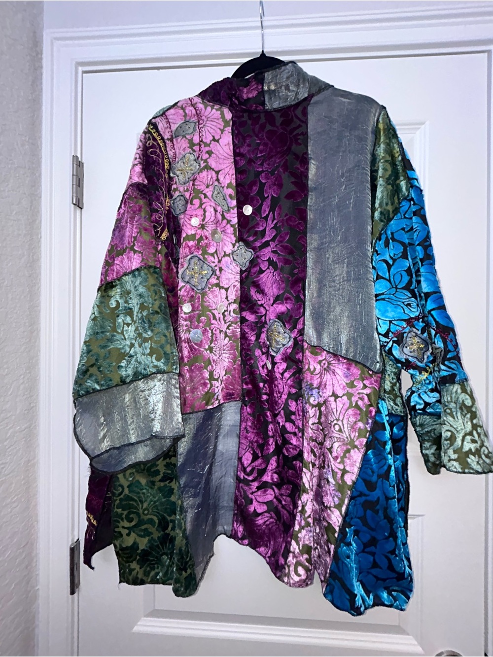 Indigo Moon Patchwork Mix Print Embellished Long Sleeve One Button Kimono Jacket - Picture 11 of 11